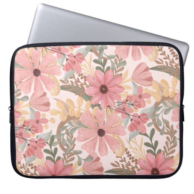 Housse Pour Ordinateur Portable Pink Sage Green Floral Leaves Watercolor Pattern (Devant)