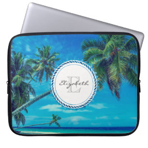 Housse Pour Ordinateur Portable Plage de sable avec palmiers tropicaux Monogramme