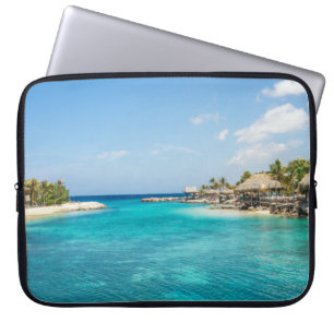 Housse Pour Ordinateur Portable Plage tropicale pittoresque avec huttes de chaume