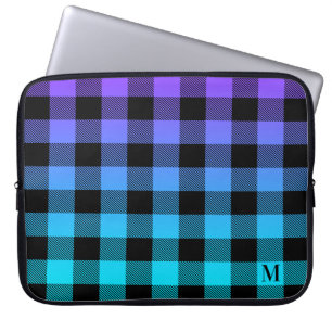 Housse Pour Ordinateur Portable Plaid noir sur violet et ombre turquoise