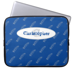 Housse Pour Ordinateur Portable Plumes Bleu Blanc Moderne Monogramme Nom Modèle