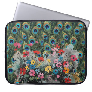 Housse Pour Ordinateur Portable Plumes de paon et fleurs sauvages Boho