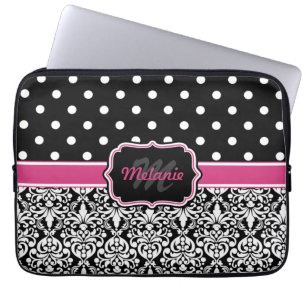 Housse Pour Ordinateur Portable Point de Polka noir rose chaud