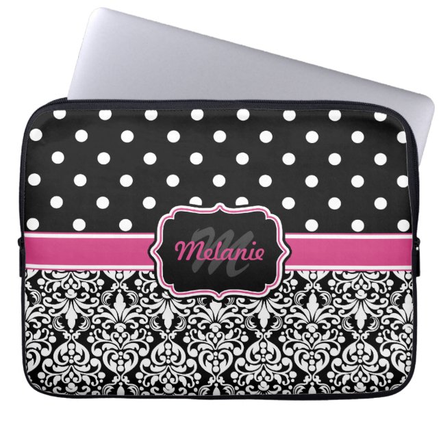 Housse Pour Ordinateur Portable Point de Polka noir rose chaud (Devant)