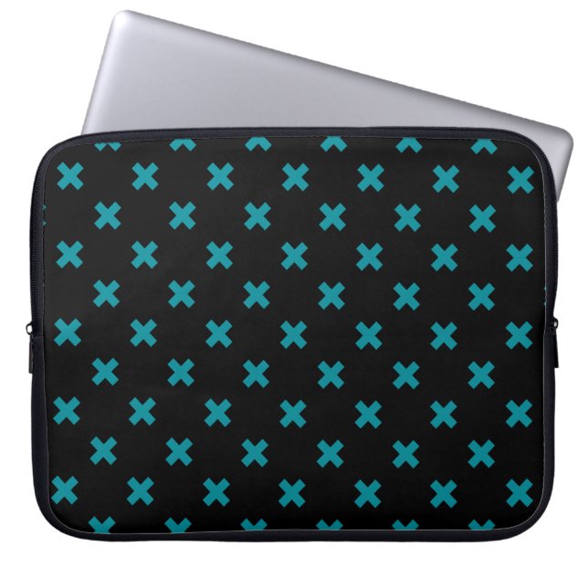 Housse Pour Ordinateur Portable points de croix turquoises sur noir (Devant)