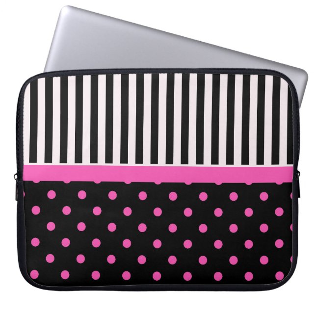 Housse Pour Ordinateur Portable points roses et rayures noir et blanc (Devant)