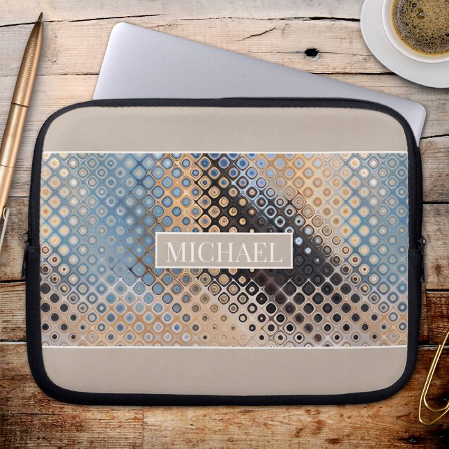 Housse Pour Ordinateur Portable Pois en verre d'art Abstrait Technologie Design Po (A modern design laptop sleeve featuring an abstract art glass dots pattern in blue, grey and beige.)