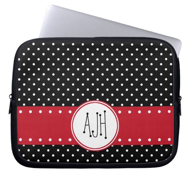Housse Pour Ordinateur Portable Pois noirs et blancs, pointillés, Monogramme (Devant)