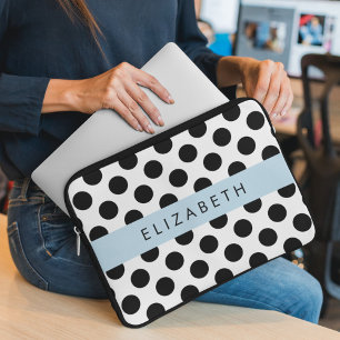 Housse Pour Ordinateur Portable Pois noirs et blancs, pointillés, Votre nom