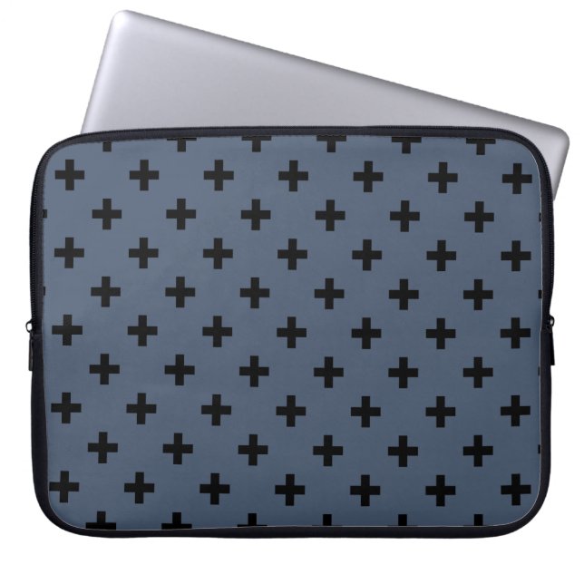 Housse Pour Ordinateur Portable Polka noire croise sur bleu-gris (Devant)