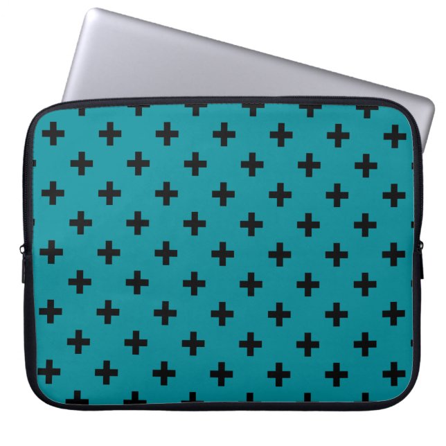 Housse Pour Ordinateur Portable Polka noire croise sur turquoise (Devant)