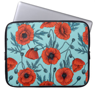 Housse Pour Ordinateur Portable Poppies, rouge et bleu sur le bleu de la piscine