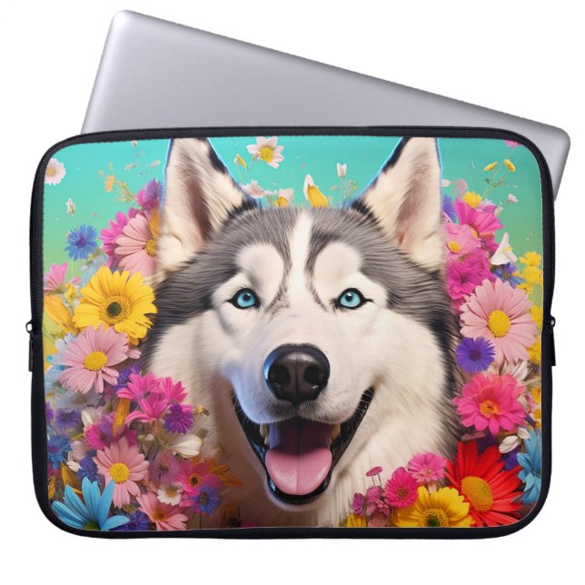 Housse Pour Ordinateur Portable Portable Husky Dog avec design floral (Devant)