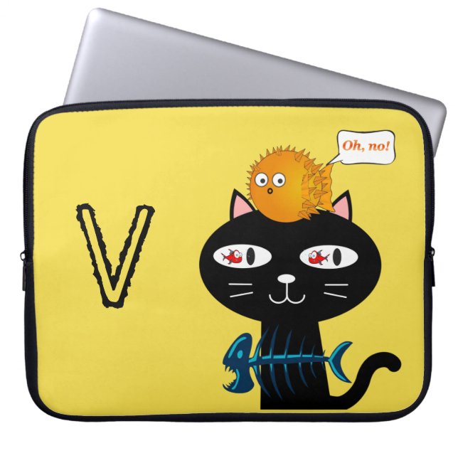 Housse Pour Ordinateur Portable Portable Manche Chat Noir Poissons Os Jaune (Devant)