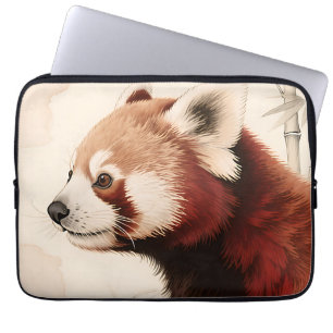 Housse Pour Ordinateur Portable Portrait à l'aquarelle du panda roux au bambou