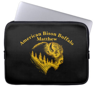 Housse Pour Ordinateur Portable Portrait de bison doré avec design de silhouette d