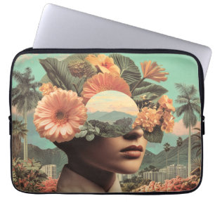 Housse Pour Ordinateur Portable Portrait Féminin Surréaliste avec Éléments Floraux