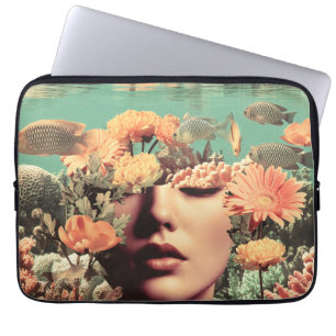 Housse Pour Ordinateur Portable Portrait sous-marin surréaliste avec fleurs de cor