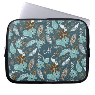 Housse Pour Ordinateur Portable poudle paisley plume fleurie boho motif turquoise