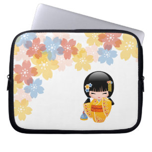 Housse Pour Ordinateur Portable Poupée Kokeshi d'été - Fille Geisha en Kimono Jaun