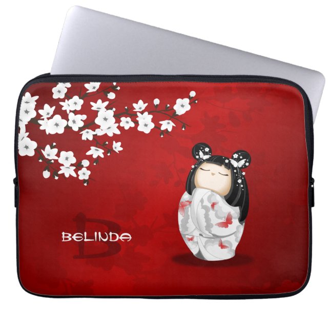 Housse Pour Ordinateur Portable Poupée Kokeshi Rouge noir blanc cerisier (Devant)