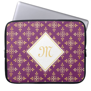 Housse Pour Ordinateur Portable Pourpre de luxe et or Quatre de monogramme floral
