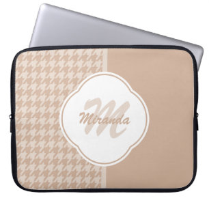 Housse Pour Ordinateur Portable Preppy Beige et Tan Houndstooth Monogramme et nom