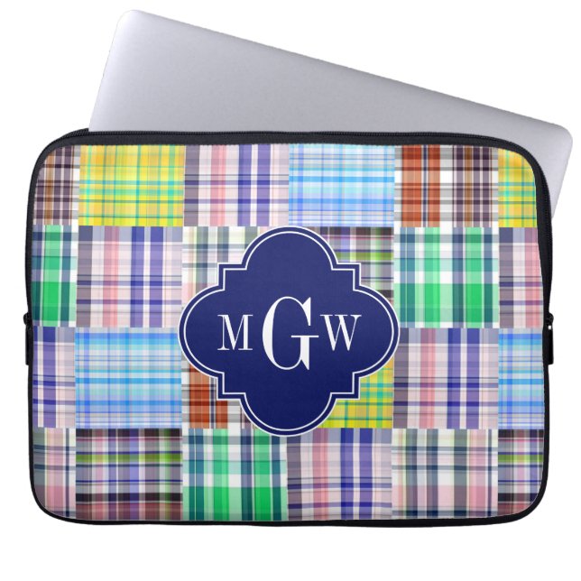 Housse Pour Ordinateur Portable Preppy Patchwork Madras Navy Quatrefoil Monogramme (Devant)