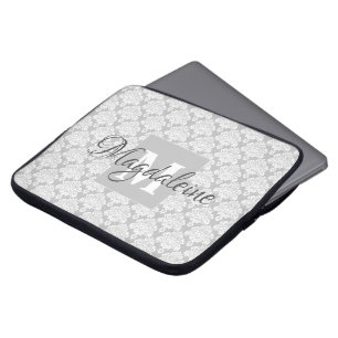 Housse Pour Ordinateur Portable Pretty Grey Damask Lace Motif Monogramme & Nom