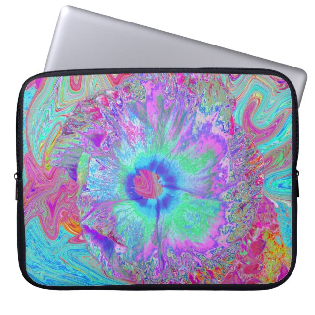 Housse Pour Ordinateur Portable Psychedelic Retro Rainbow Blue Hibiscus (Devant)