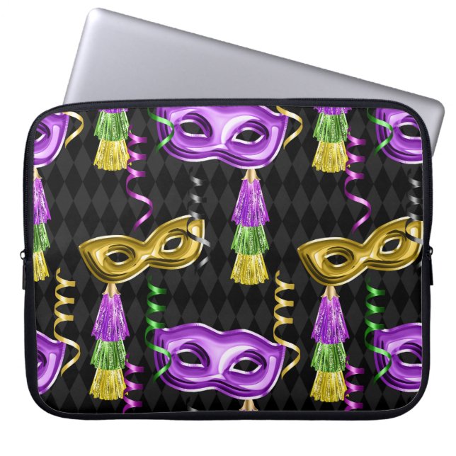 HOUSSE POUR ORDINATEUR PORTABLE PURPLE & GOLD MARDI GRAS MASQUES & TASSEURS (Devant)