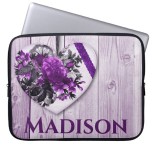 Housse Pour Ordinateur Portable Purple Lilac Coeur et Fleurs avec nom personnalisé