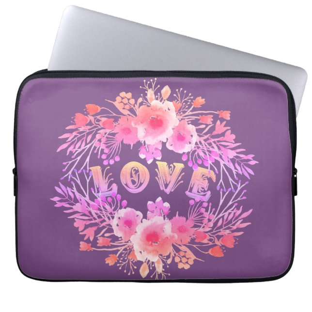 Housse Pour Ordinateur Portable Purple LOVE dans l'aquarelle Fleurs (Devant)