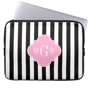 Housse Pour Ordinateur Portable Quatrefoil noir blanc rayé rose 3 Monogramme
