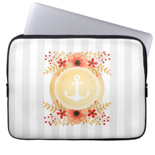 Housse Pour Ordinateur Portable Rayé floral d'aquarelle nautique d'Ancre d'or