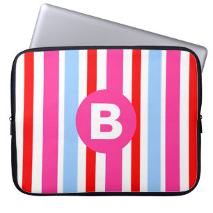 Housse Pour Ordinateur Portable Rayures de bonbons rose et bleu clair Monogramme