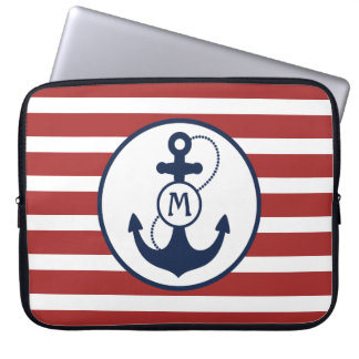 Housse Pour Ordinateur Portable Rayures rouges avec l'Ancre et le monogramme