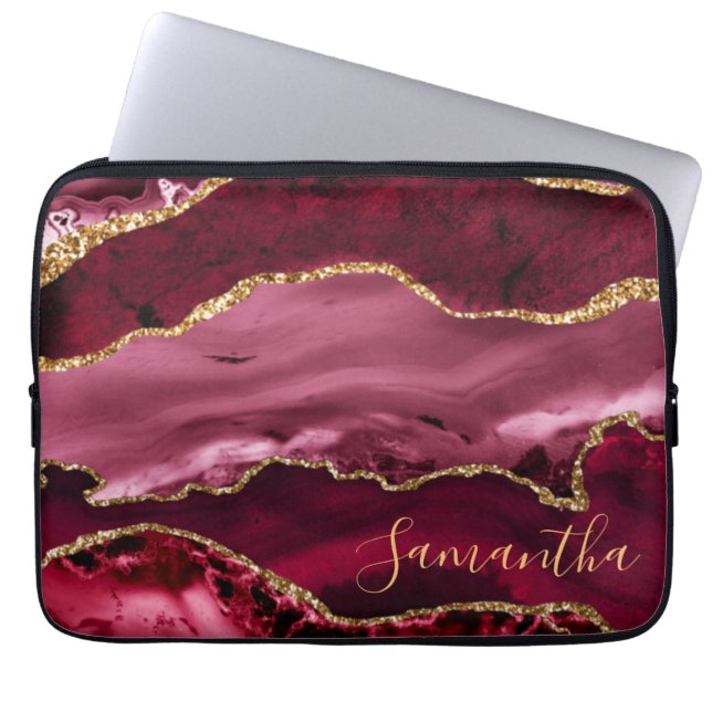 Housse Pour Ordinateur Portable Red and Faux Gold Glitter Marble (Devant)