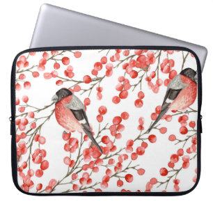 Housse Pour Ordinateur Portable Red Berries Bullfinches Motif aquarelle