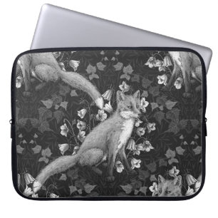 Housse Pour Ordinateur Portable Renard, fleur et lierre, monochrome, mur argenté