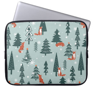 Housse Pour Ordinateur Portable Renards, sapins, neige, dessinés à la main. Coulis