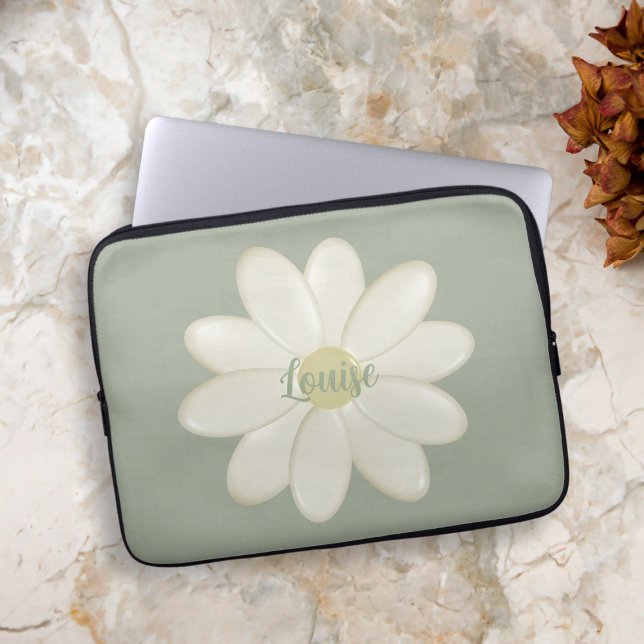 Housse Pour Ordinateur Portable Retro Daisy Sage Green Nom personnalisé Portable M (Add your name to this lovely sage green and cream daisy flower laptop sleeve)