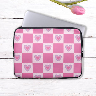 Housse Pour Ordinateur Portable Retro Pink Checker À damiers Motif de coeur