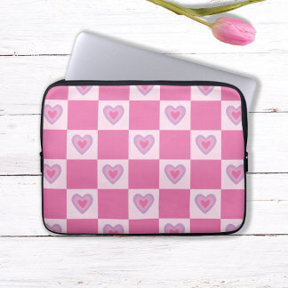 Housse Pour Ordinateur Portable Retro Pink Checker À damiers Motif de coeur