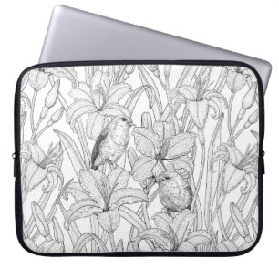 Housse Pour Ordinateur Portable Robins et fleurs de lys, noir et blanc