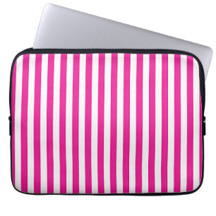 Housse Pour Ordinateur Portable Rose Chaud et Rayures Verticales Blanches Minimali