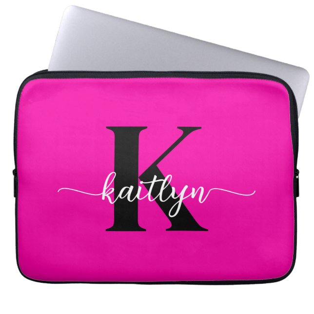 Housse Pour Ordinateur Portable Rose Chaude Monogramme Noir (Devant)