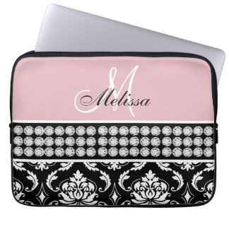 Housse Pour Ordinateur Portable Rose de diamants imprimé par damassé noire décorée