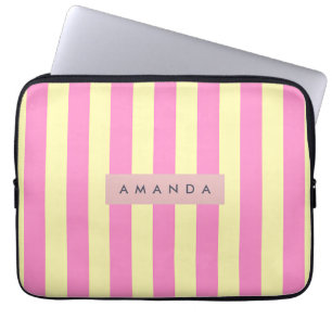 Housse Pour Ordinateur Portable Rose et Jaune Pastel Douce Personnalisée Rayée