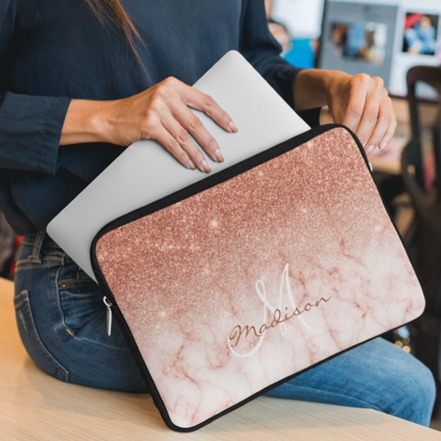 Housse Pour Ordinateur Portable Rose Gold Glitter ombre marbre Monogramme (Créateur téléchargé)